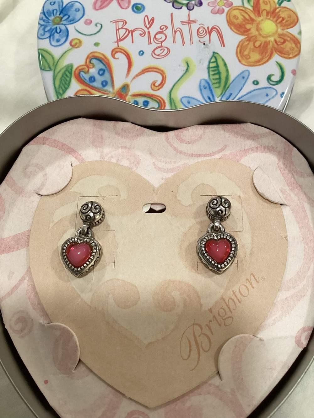 Brighton Silver-Tone Heart Drop Earrings with Pink Stones NIB